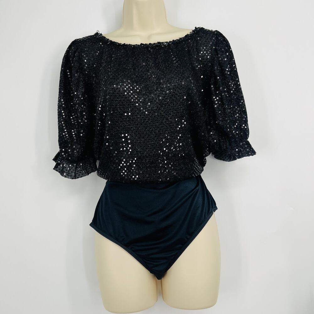 Puff Sleeve Sequined On/Off Shoulder Bodysuit Large Adult Size  Unbranded  Dance